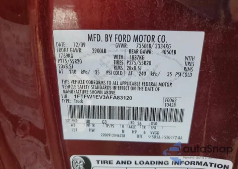 2010 Ford F150 Supercrew z USA, uszkodzony, nr VIN 1FTFW1EV3AFA83120